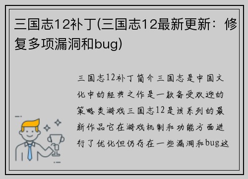 三国志12补丁(三国志12最新更新：修复多项漏洞和bug)